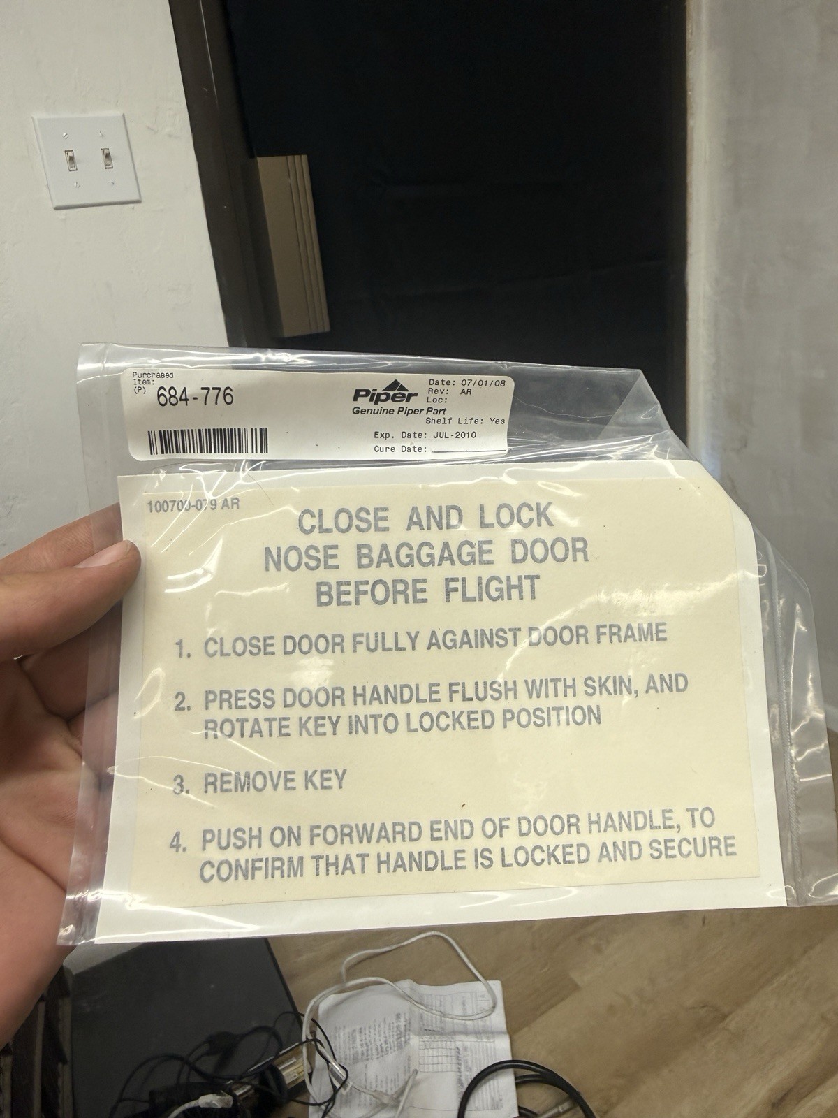 Piper NEW Nose Baggage Door Placard
