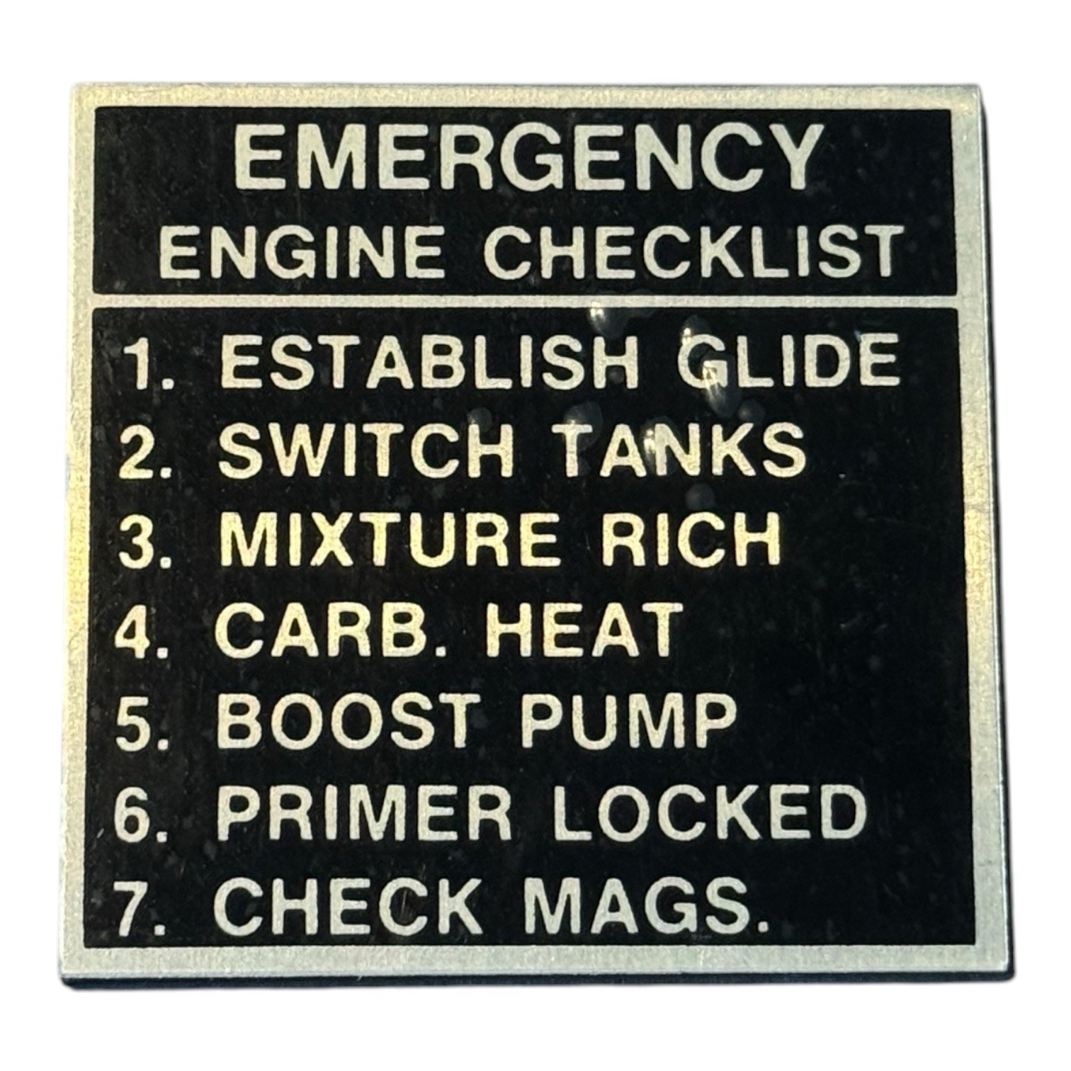 Unbranded Aircraft Emergency Engine Checklist Placard