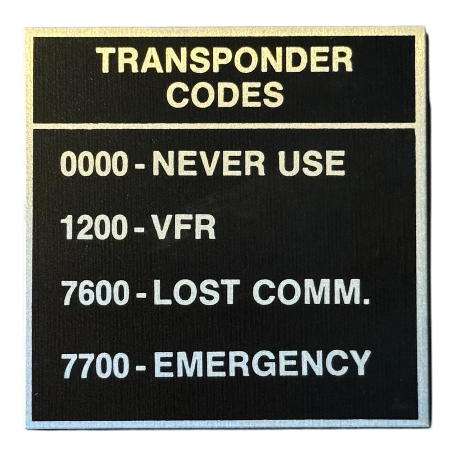 Unbranded Aircraft Transponder Codes Placard 1200