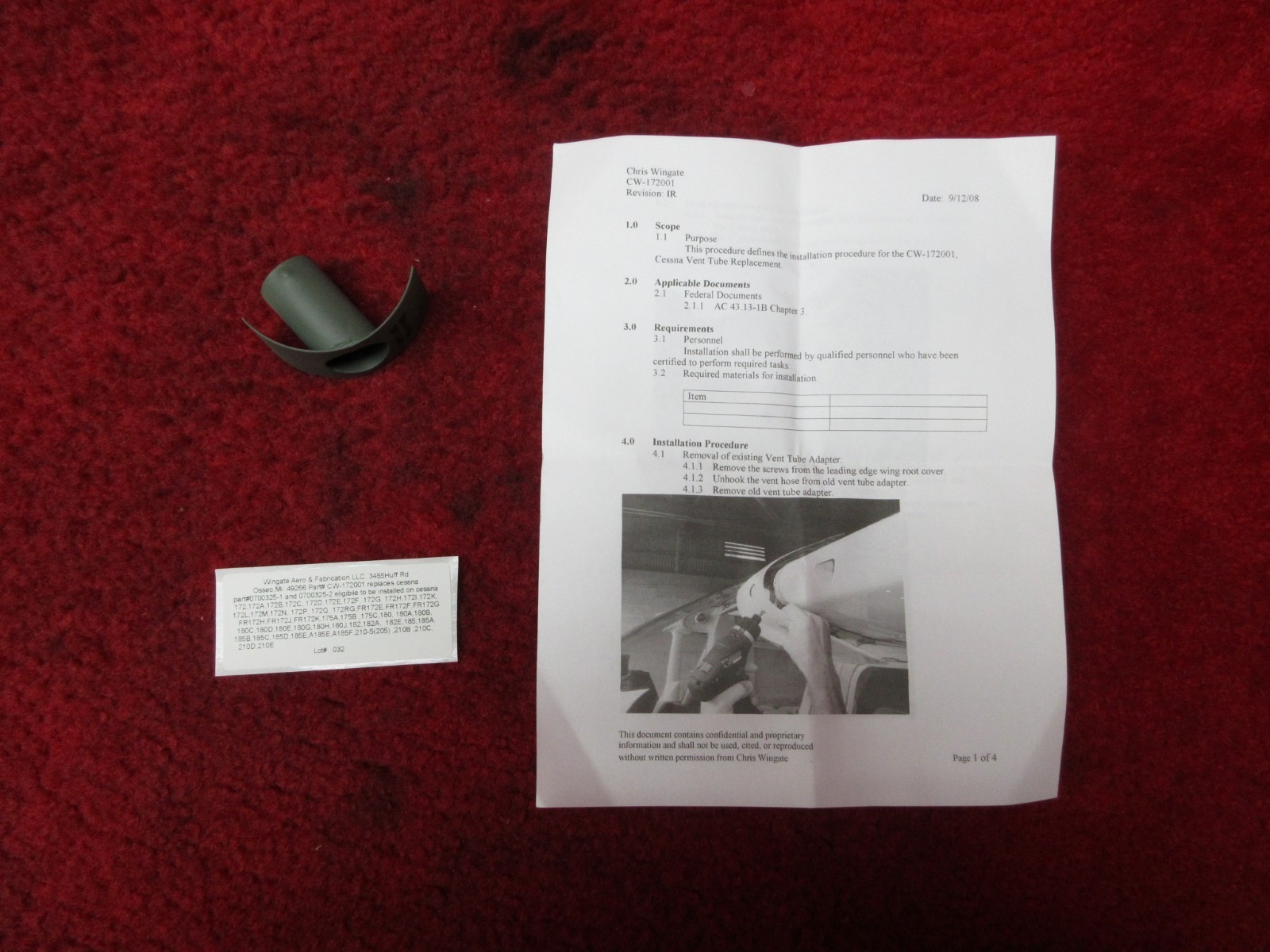 Wingate Aero & Fabrication Cessna Vent Tube Adapter PN CW-172001